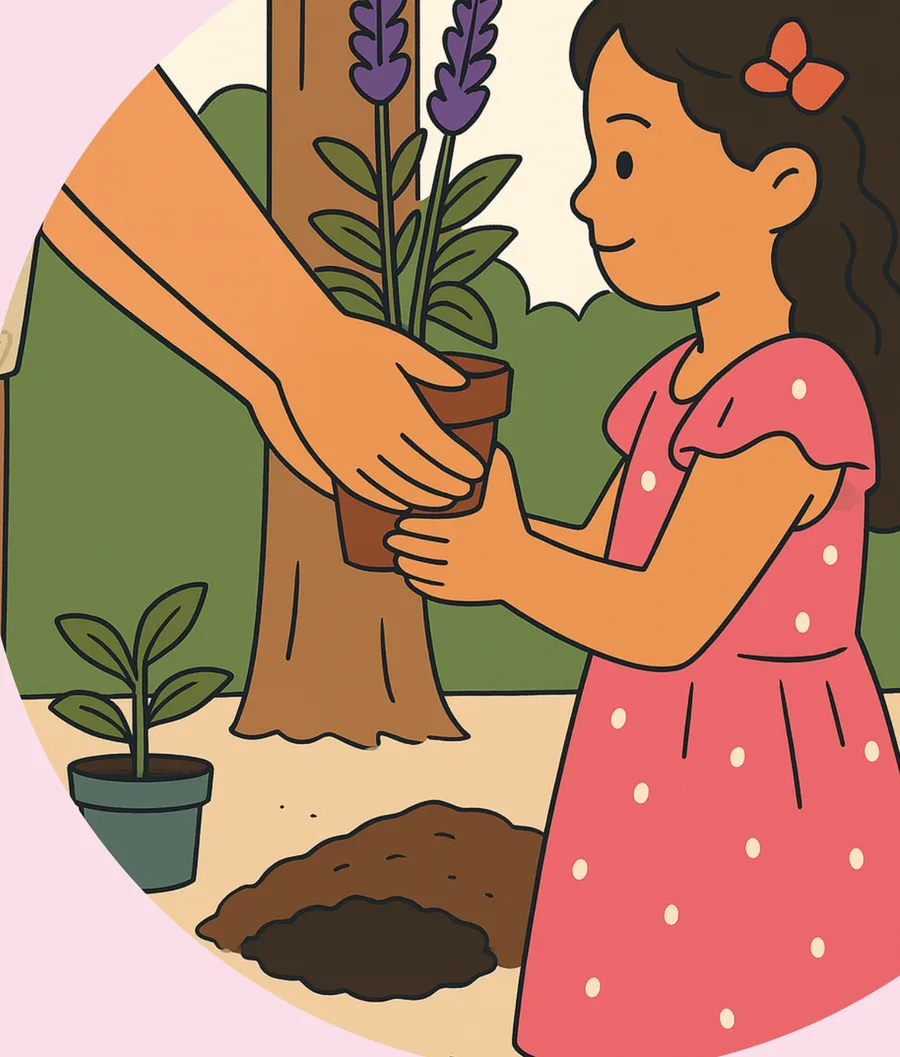 Illustration: Ein Mädchen bekommt eine Lavendelpflanze überreicht